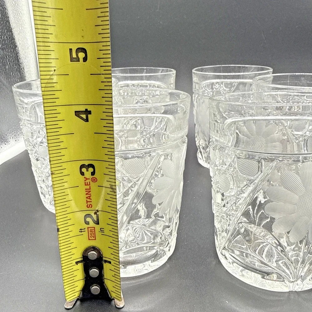 Vintage Etched Rose Cut Glass Pitcher and 6 Matching Floral Tumbler Glasses Set
